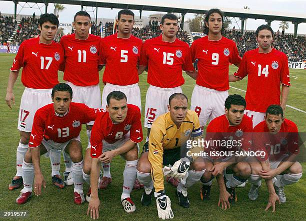The Pharaohs of Egypt, members of Egypt's national soccer team, pose 25 January 2004 at the stadium in Sfax prior their African Nations Cup match...