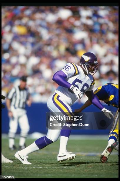 Linebacker Chris Doleman of the Minnesota Vikings moves down the field during a game against the Los Angeles Rams at Anaheim Stadium in Anaheim,...