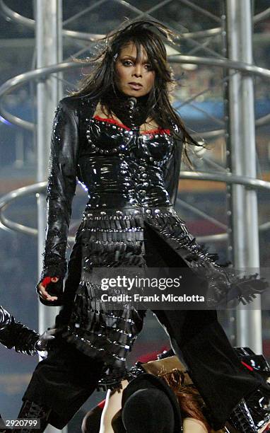 Singer Janet Jackson performs during the halftime show at Super Bowl XXXVIII between the New England Patriots and the Carolina Panthers at Reliant...