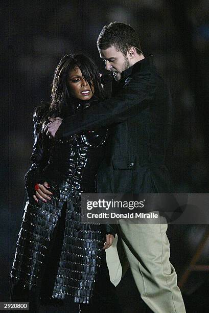 Justin Timberlake performs with Janet Jackson during the halftime show at Super Bowl XXXVIII between the New England Patriots and the Carolina...