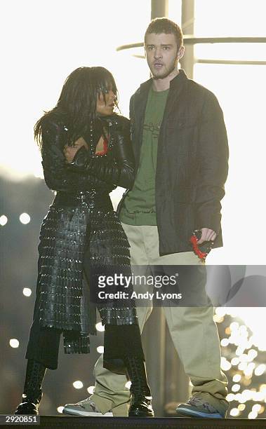 Justin Timberlake and Janet Jackson perform during the halftime show at Super Bowl XXXVIII between the New England Patriots and the Carolina Panthers...