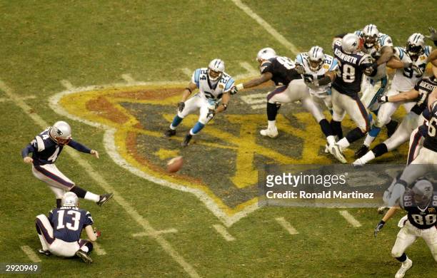 Place kicker Adam Vinatieri of the New England Patriots kicks the game winning 41 yard field goal against the Carolina Panthers during Super Bowl...