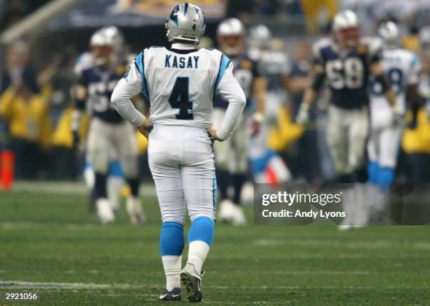 John Kasay of the Carolina Panthers reacts after kicking the kick off out of bounds in the fourth quarter of Super Bowl XXXVIII at Reliant Stadium on...