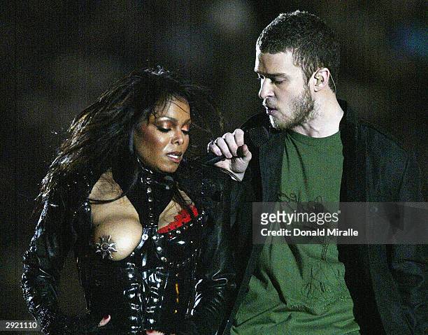 Justin Timberlake performs with Janet Jackson during the halftime show at Super Bowl XXXVIII between the New England Patriots and the Carolina...