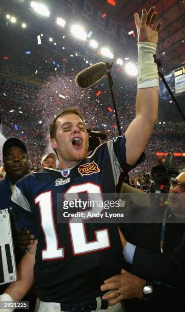Tom Brady of the New England Patriots celebrates after defeating the Carolina Panthers 32-29 in Super Bowl XXXVIII at Reliant Stadium on February 1,...