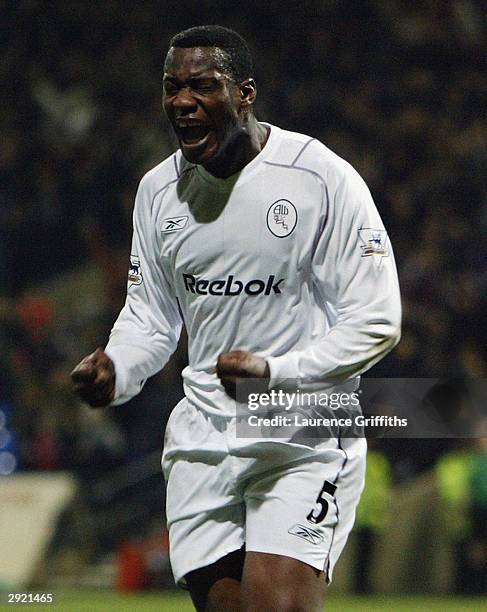 Bruno N'Gotty of Bolton Wanderers celebrates during the Carling Cup Semi-Final First Leg match between Bolton Wanderers and Aston Villa on January...