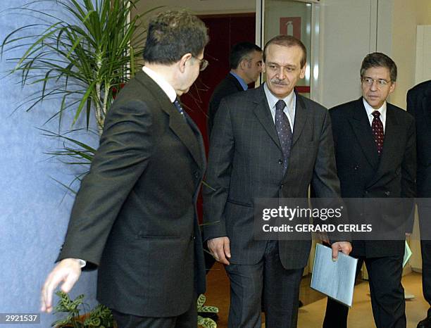 The chairman of the European Commission, Romano Prodi of Italy welcomes the Palestinian chairman of the Geneva Peace Initiative, Yasser Abed Rabbo of...