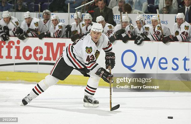 Nathan Dempsey of the Chicago Blackhawks skates after the puck during the game against the Phoenix Coyotes on October 28, 2003 at America West Arena...