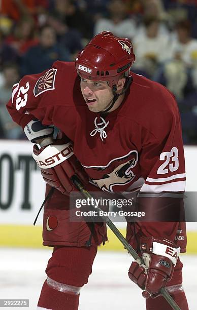 Paul Mara of the Phoenix Coyotes lines up for a faceoff during the game against the Chicago Blackhawks on October 28, 2003 at America West Arena in...