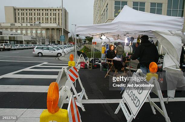 Television stations set up outside of the County of San Mateo, Superior Court of California for pre-trial hearings of the Laci Peterson murder trial...