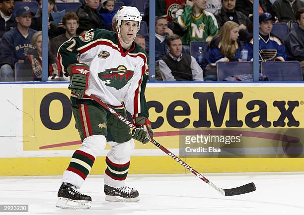 Defenseman Willie Mitchell of the Minnesota Wild waits for the puck during the game against the St. Louis Blues at the Savvis Center on January 5,...