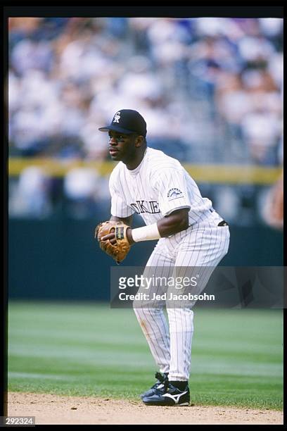 Second baseman Eric Young of the Colorado Rockies stands in his positions during a game against the Houston Astros at Coors Field in Denver,...