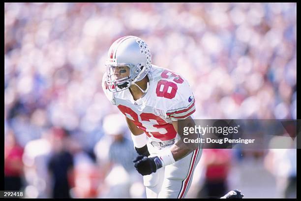 Flanker Terry Glenn of the Ohio State Buckeyes lines up during a game against the Penn State Nittany Lions at Beaver Stadium in University Park,...