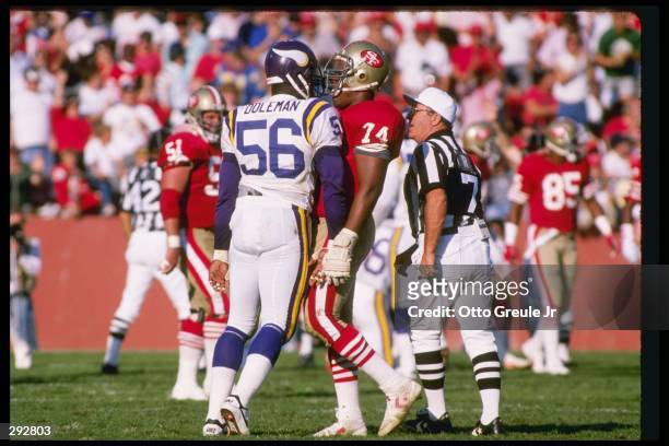 Linebacker Chris Doleman of the Minnesota Vikings faces off against a San Francisco 49ers player during a game at Candlestick Park in San Francisco,...