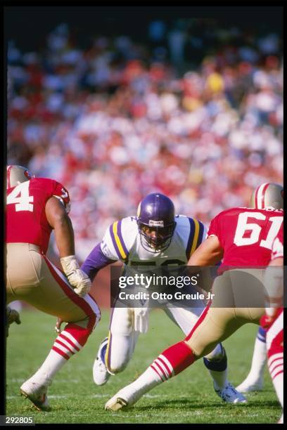 Linebacker Chris Doleman of the Minnesota Vikings works against the San Francisco 49ers during a game at Candlestick Park in San Francisco,...