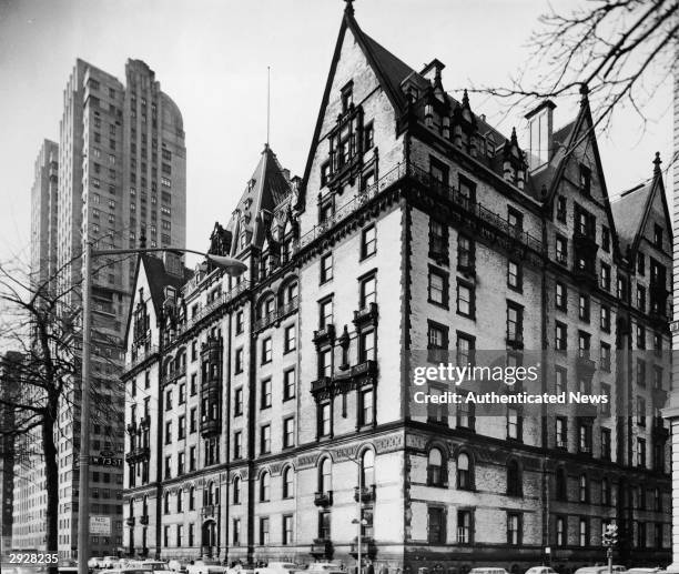 Exterior of the Dakota apartment building at 1 West 72nd Street and Central Park West, New York City, circa 1955.