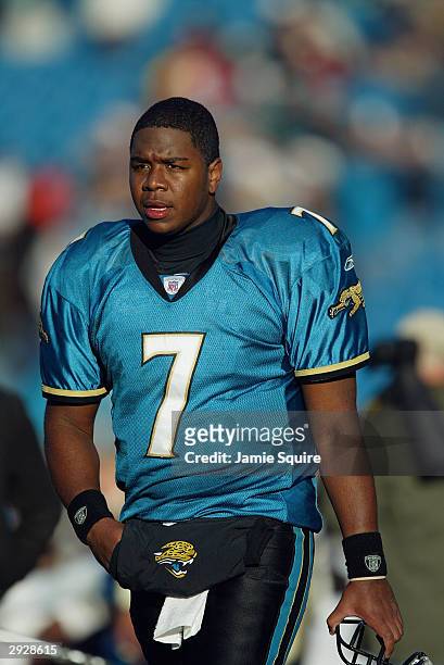 Quarterback Byron Leftwich of the Jacksonville Jaguars walks on the field during the game against the New Orleans Saints on December 21, 2003 at...