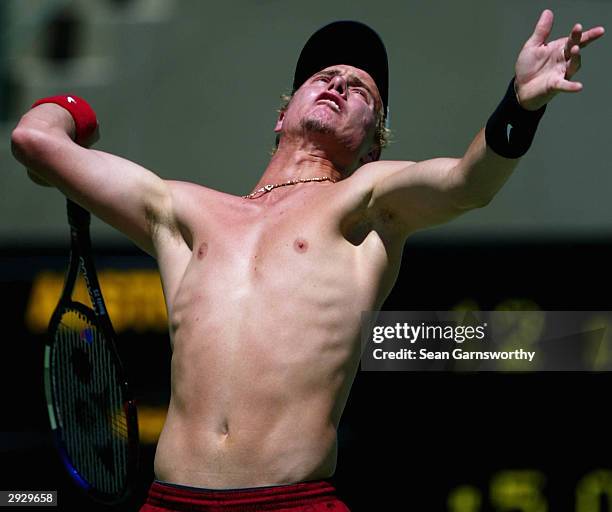 Lleyton Hewitt of Australia in action during a Davis Cup training session at at Memorial Drive February 5, 2004 in Adelaide, Australia.