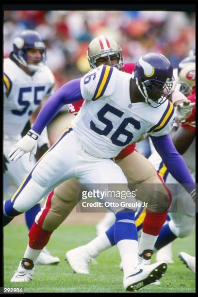Linebacker Chris Doleman of the Minnesota Vikings moves down the field during a game against the San Francisco 49ers at Candlestick Park in San...