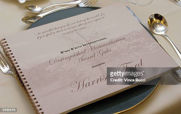 Invitation Cards at the B'ani B'rith International Distinguished Humanitarian Award Dinner Honoring Harrison Ford at The Beverly Hills Hotel on...