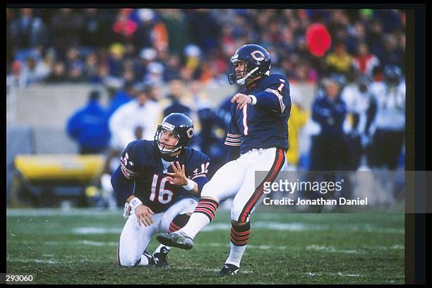 Kicker Jeff Jaeger of the Chicago Bears kicks the ball as teammate, punter Todd Sauerbrun watches during a game against the San Diego Chargers at...