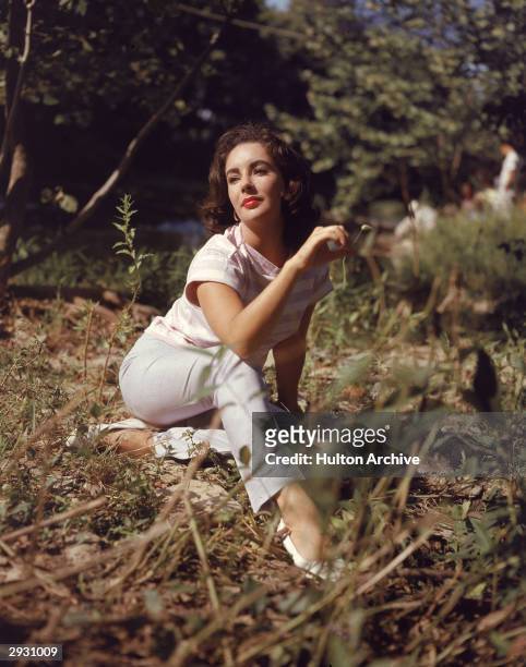 British-born actor Elizabeth Taylor sits in a field and twirls a blade of grass in her right hand, circa 1950s.