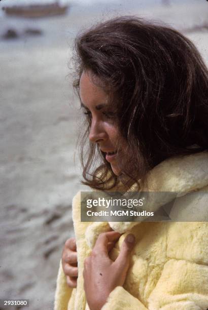 British-born actor Elizabeth Taylor wears a furry yellow coat on the set of 'The Sandpiper,' directed Vincente Minnelli, California, 1965.