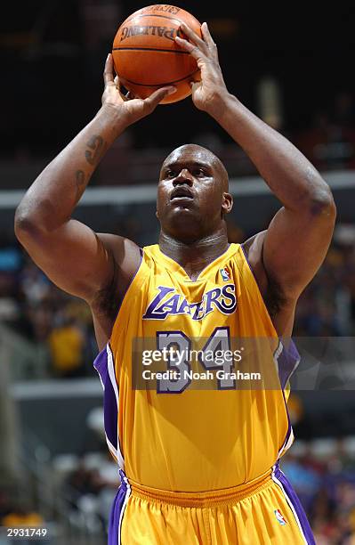 Shaquille O'Neal of the Los Angeles Lakers shoots a free throw during the game against the Minnesota Timberwolves at Staples Center on January 30,...