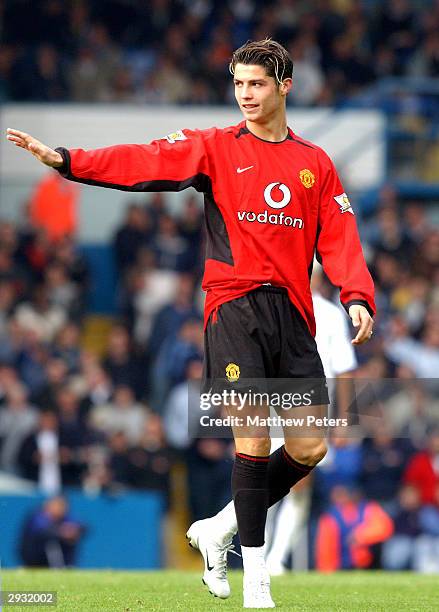 Cristiano Ronald in action during the FA Barclaycard Premiership match between Leeds United v Manchester United at Elland Road on October 18, 2003 in...