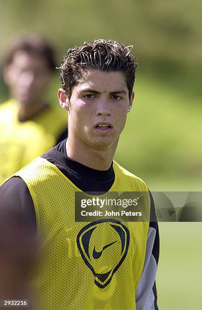 Portrait of Cristiano Ronaldo during a Manchester United training session at the Carrington Training Ground on August 15, 2003 in Manchester, England.