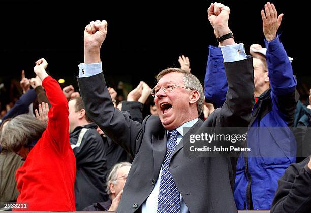 Sir Alex Ferguson celebrates David Beckham's opening goal during the FA Barclaycard Premiership match between Manchester United v Charlton Athletic...