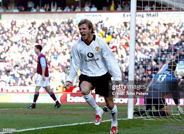 David Beckham celebrates his goal against Aston Villa during the FA Barclaycard Premiership match between Aston Villa v Manchester United at Villa...