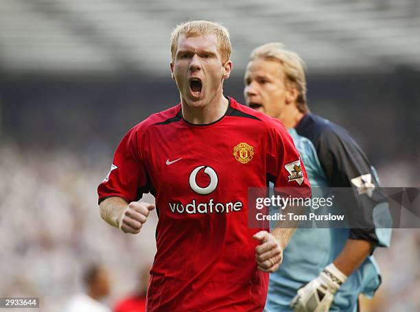 Paul Scholes celebrates scoring the third goal of United's 4-0 win during the FA Barclaycard Premiership match between Manchester United v Bolton...