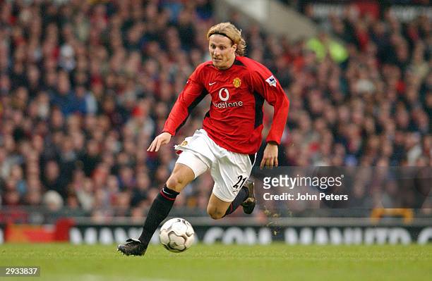 Diego Forlan in action during the FA Barclaycard Premiership match between Manchester United v Sunderland at Old Trafford on January 1, 2003 in...