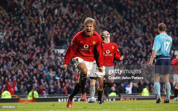 David Beckham celebrates after scoring his equalising goal against Sunderland during the FA Barclaycard Premiership match between Manchester United v...