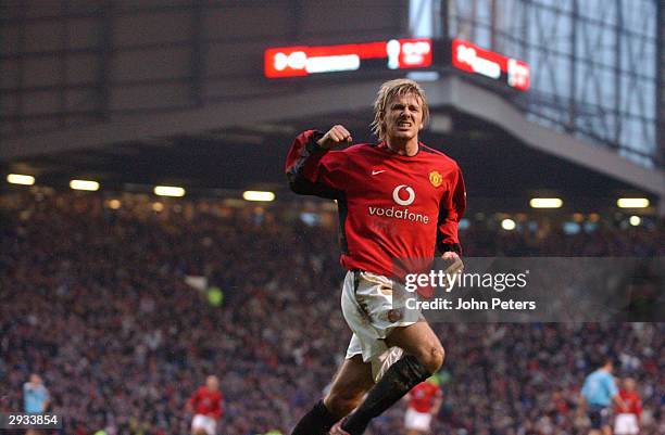 David Beckham celebrates after scoring his equalising goal against Sunderland during the FA Barclaycard Premiership match between Manchester United v...