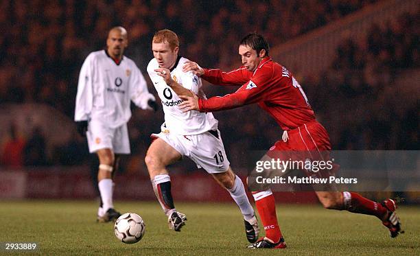 Paul Scholes keeps the ball away from Mark Wilson during the FA Barclaycard Premiership match between Middlesbrough v Manchester United at the...