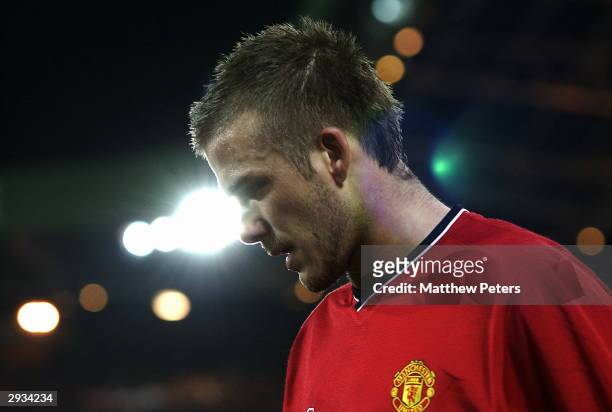 David Beckham in action during the UEFA Champions League match between Nantes Atlantique v Manchester United at La Baeujoire Stadium on February 19,...