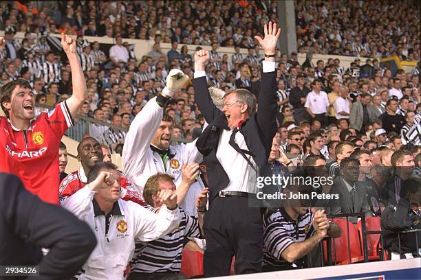 Sir Alex Ferguson celebrates at the final whistle with Roy Keane after victory in the FA Cup Final between Manchester United v Newcastle at Wembley...