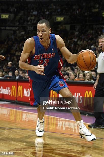 Tayshaun Prince of the Detroit Pistons drives against the Toronto Raptors during the game at Air Canada Centre on January 30, 2004 in Toronto,...