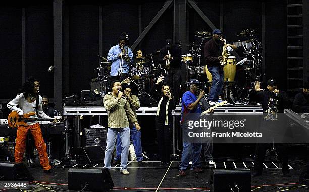 Earth, Wind, & Fire rehearse their performance for the 46th Annual Grammy Awards at a studio February 5, 2004 in Los Angeles, California. They will...