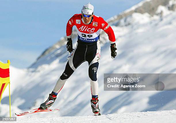 Vincent Vittoz of France competes in the Viessman FIS World Cup Mens 15km Free Cross Country Skiing event on February 6, 2004 in La Crusaz, France.