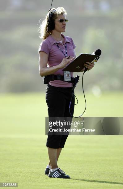Tina Mickelson works as an on-course announcer for the Golf Channel during the final round of the Champions Tour Mastercard Championship on January...