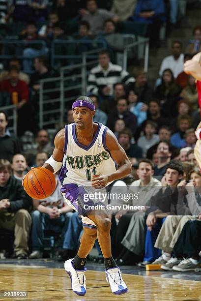 Ford of the Milwaukee Bucks drives against the Cleveland Cavaliers during the game at Bradley Center on January 30, 2004 in Milwaukee, Wisconsin. The...