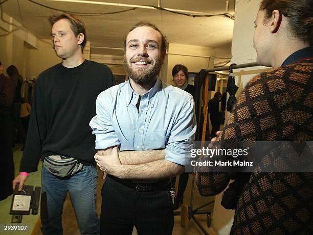 Fashion designer Frazer Harmon prepares for the runway backstage during the Harmon Fall 2004 fashion show at MAO/Atlas during the Olympus 2004...