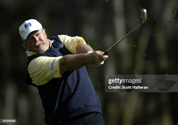 Craig Stadler hits a shot on the 9th hole at Spyglass Hill Golf Course during the second round of the AT&T Pebble Beach National Pro-Am on February...