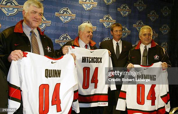 Pat Quinn, Ken Hitchcock, Wayne Gretzky and Wayne Fleming during the announcement of coaches for Team Canada of the 2004 World Cup Hockey on February...