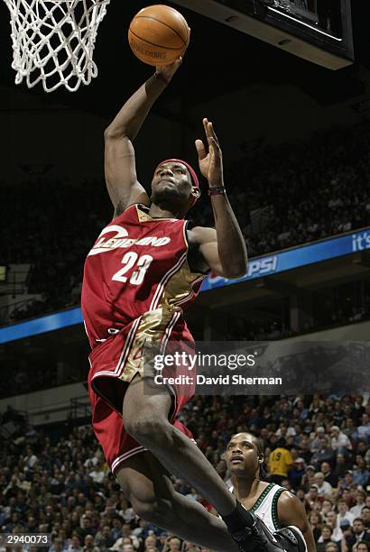 LeBron James of the Cleveland Cavaliers goes up to the basket for the shot against the Minnesota Timberwolves on February 6, 2004 at the Target...