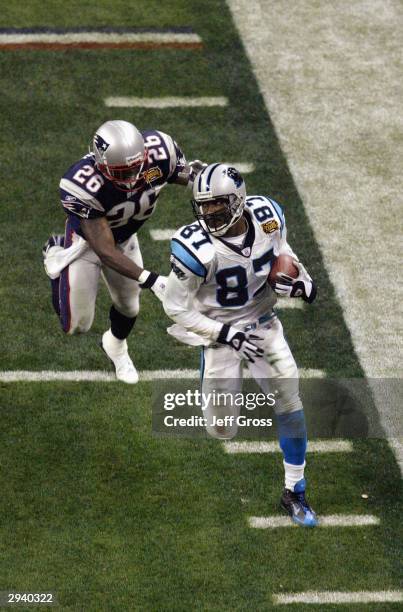 Wide receiver Muhsin Muhammad of the Carolina Panthers evades cornerback Eugene Wilson of the New England Patriots during Super Bowl XXXVIII at...