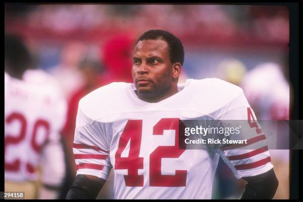 Defensive back Ronnie Lott of the San Francisco 49ers observes the action during Super Bowl XXIV against the Denver Broncos at the Louisiana...